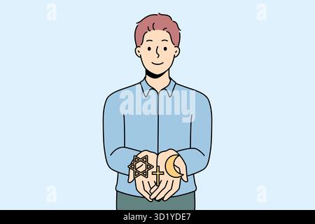 Uomo sorridente che tiene in mano simboli di religioni diverse. Concetto di segni interreligiosi. Cristianesimo, islam e Ebraismo. Illustrazione vettoriale. Foto Stock