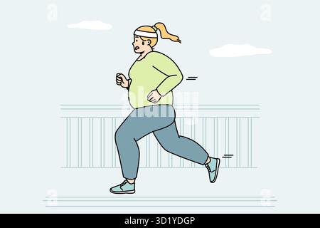 Donna Chubby che corre per strada per essere in forma. Fat girl fa allenamento cardio all'aperto per bruciare calorie. In città si fa jogging con una donna in groppa, partecipando alla maratona. Foto Stock