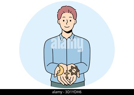 Uomo sorridente che tiene in mano simboli di religioni diverse. Concetto di segni interreligiosi. Cristianesimo, islam e Ebraismo. Illustrazione vettoriale. Foto Stock