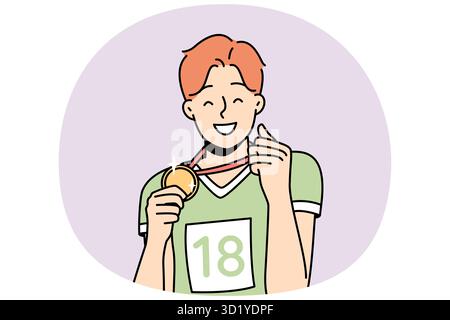 Felice sportivo mostra la medaglia d'oro che ha ottenuto. Guy ha vinto gare sportive. Ragazzo è orgoglioso del suo premio. Vincitore del primo posto. Champion mostra il suo successo, p Foto Stock