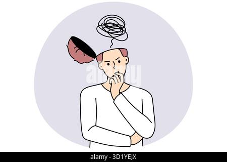 Giovane uomo penoso con testa aperta pensare alla soluzione del problema o generare l'idea. Confuso maschio brainstorm risolvere i problemi o cercare pensiero innovativo. Ve Foto Stock