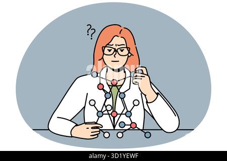 Scienziato donna seduto alla scrivania, guarda il modello di molecola. Lady in laboratorio risolve problemi di biochimica o genetica. Biochimico fa esperimenti Foto Stock