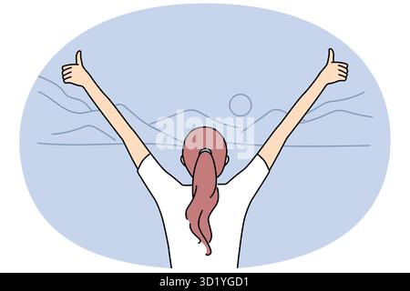Vista posteriore di una donna eccitata con i pollici in piedi nel paesaggio montano goditi la vita. Donna con le mani in aria celebra il successo o il successo in nat Foto Stock