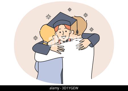 Uno studente sorridente in veste di laurea e cappello abbracciano i genitori eccitati salutano all'università. Madre felice e padre abbracciano congratularsi con il laureato maschile. VEC Foto Stock