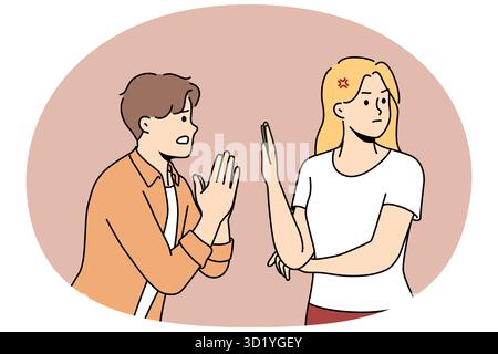 L'uomo disperato chiede alla donna il perdono. Stressato maschio ragazza di chiedere la seconda possibilità. Imbrogliare e perdonare. Problema di relazione. Vettore illustrati Foto Stock