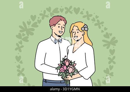 Sposa sorridente e sposo in piedi vicino ad arco floreale di nozze durante la cerimonia. Felice coppia godere la celebrazione del matrimonio. Illustrazione vettoriale. Foto Stock