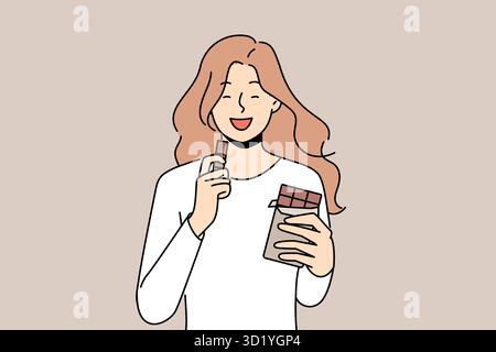Ragazza sorridente che mangia cioccolato. Una donna felice può gustare dolci dessert, latte o cioccolata nera. Illustrazione vettoriale. Foto Stock