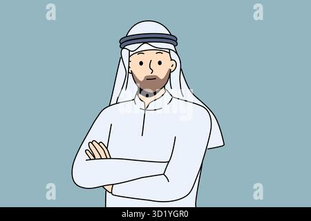 Sorridente uomo arabo in costume tradizionale nazionale. Happy arabian barbuto maschio in abbigliamento etnico e copricapo. Illustrazione vettoriale. Foto Stock