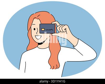 Donna sorridente che tiene in mano la carta di credito di plastica. Felice utente femminile con carta di credito godere di un semplice pagamento contactless. Illustrazione vettoriale. Foto Stock
