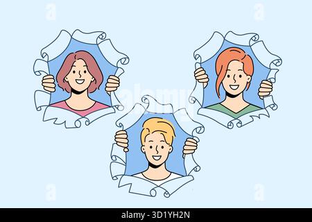 Gente sorridente guarda fuori dai fori di carta. Uomini e donne felici si affacciano alla macchina fotografica dai buchi strappati. Illustrazione vettoriale. Foto Stock