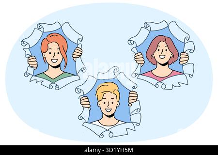 Gente sorridente guarda fuori dai fori di carta. Uomini e donne felici si affacciano alla macchina fotografica dai buchi strappati. Illustrazione vettoriale. Foto Stock