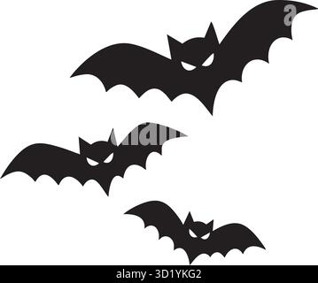 Set di tre spaventose silhouette Black Bat con Evil Eyes Flying isolato su sfondo bianco Illustrazione Vettoriale