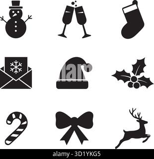 Set di icone per le festività natalizie in bianco e nero con pupazzo di neve, cappello di Babbo Natale, calze e Holly Berries Vector Illustrazione Vettoriale