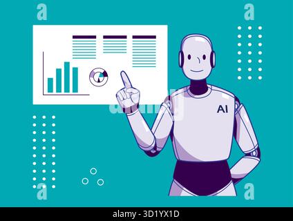 Robot intuitivo che presenta analisi dei dati e statistiche su schermo digitale in un ambiente di ufficio moderno. Illustrazione Vettoriale