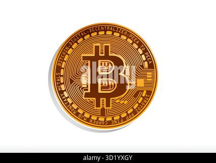 Vista ravvicinata di una moneta Bitcoin con disegni intricati e attributi di valuta digitale su uno sfondo pulito. Illustrazione Vettoriale