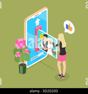 Illustrazione piatta isometrica 3D del caricamento Di Una foto su uno smartphone, trasferimento file cloud e memorizzazione servizio 3D isometrica F. Foto Stock