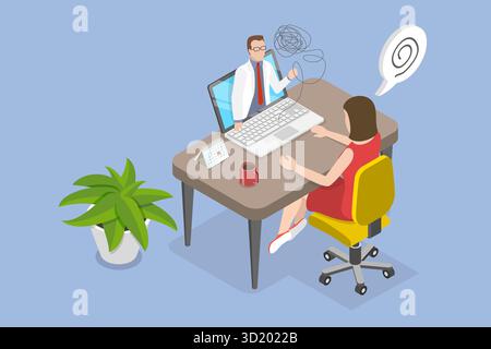 Illustrazione piatta isometrica 3D di psicologo online, consulenza psicologica illustrazione piatta isometrica 3D di psicologo Foto Stock