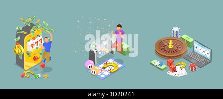 Illustrazione piatta isometrica 3D del gioco d'azzardo su Internet, Casinò online illustrazione piatta isometrica 3D del gioco d'azzardo su Internet, Online Foto Stock