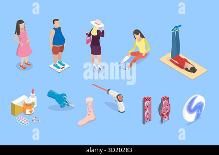 Illustrazione piatta isometrica 3D di varicose, malattia vascolare delle arterie illustrazione piatta isometrica 3D di varicose, artero vascolare Foto Stock