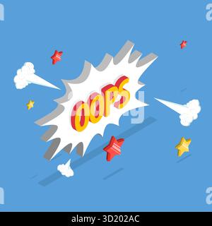 Illustrazione piatta isometrica 3D di Oops Bubble in stile Comic Explosion, divertente effetto Vintage Foto Stock