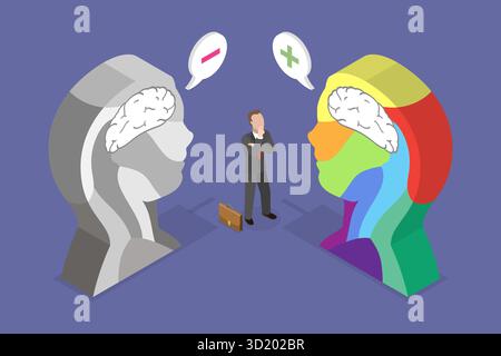Illustrazione piatta isometrica 3D di pensiero positivo e negativo, atteggiamento buono o cattivo illustrazione piatta isometrica 3D di Posit Foto Stock