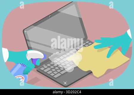 Illustrazione piatta isometrica 3D della disinfezione di Un computer, illustrazione piatta isometrica 3D dell'igiene domestica della disinfezione di Un Foto Stock