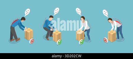 Illustrazione piatta isometrica 3D della postura durante il sollevamento del peso, correzione e posizione umana errata illustrazione piatta isometrica 3D. Foto Stock