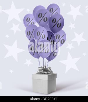 Sconto. Palloncini con cartelli percentuali e confezione regalo su sfondo grigio chiaro Foto Stock