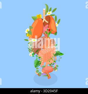 Illustrazione piatta isometrica 3D dell'anatomia umana, organi interni tra fiori e piante di gardenio illustrazione piatta isometrica 3D. Foto Stock