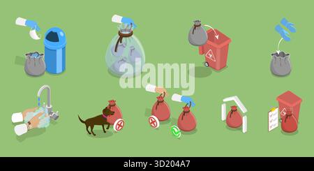 Illustrazione piatta isometrica 3D dello smaltimento dei rifiuti domestici, della separazione dei rifiuti e del riciclaggio illustrazione piatta isometrica 3D della casa Foto Stock