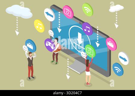 Illustrazione piatta isometrica 3D del download gratuito, trasferimento di file illustrazione piatta isometrica 3D del download gratuito, trasferimento di file Foto Stock