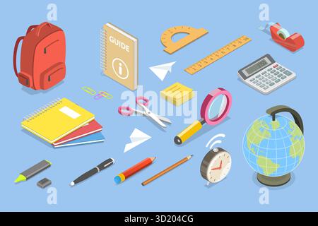 Set piatto isometrico 3D di cancelleria scolastica, articoli e accessori per l'istruzione Set piatto isometrico 3D di cancelleria scolastica, IT Foto Stock