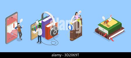Illustrazione piatta isometrica 3D della libreria virtuale, istruzione online illustrazione piatta isometrica 3D della libreria virtuale, online Foto Stock