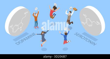 Illustrazione piatta isometrica 3D della produzione di ormoni umani, dopamina e serotonina illustrazione piatta isometrica 3D di ho umano Foto Stock