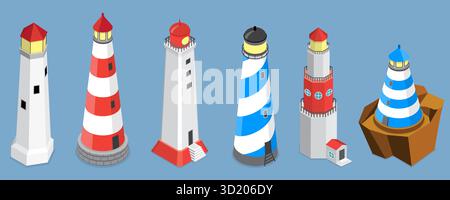 Set piatto isometrico 3D di fari, guida faro di ricerca, segnalatori luminosi di navigazione marini Foto Stock