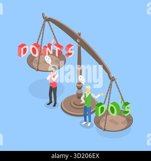 Illustrazione piatta isometrica 3D di Dos e Donts, segni positivi e negativi illustrazione piatta isometrica 3D di Dos e Donts, Foto Stock