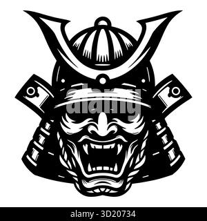 Teschio di Samurai urlante in Kabuto illustrazione vettoriale casco con linee audaci e espressione feroce. Combina i tradizionali guerrieri giapponesi Illustrazione Vettoriale