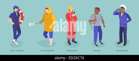 Set piatto isometrico 3D di professioni marittime, caratteri Seacrew Foto Stock