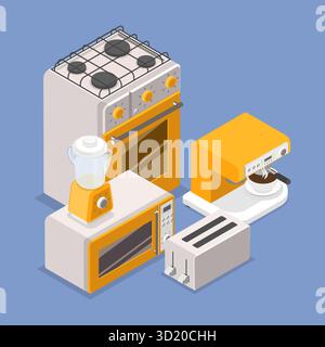 Illustrazione piatta isometrica 3D di elettrodomestici da cucina, elettronica domestica illustrazione piatta isometrica 3D di elettrodomestici Foto Stock