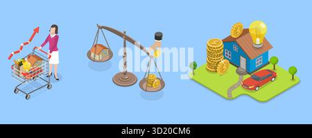 Illustrazione piatta isometrica 3D del costo della vita, aumento del costo degli alimenti e del prezzo della spesa illustrazione piatta isometrica 3D del costo O. Foto Stock
