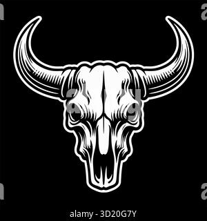 Illustrazione vettoriale in bianco e nero di un teschio toro con linee pulite e audaci e dettagli rustici. Illustrazione Vettoriale