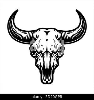 Illustrazione vettoriale in bianco e nero di un teschio toro con linee pulite e audaci e dettagli rustici. Illustrazione Vettoriale