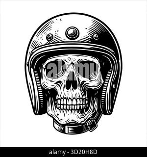 Teschio con casco Old Motorcycle illustrazione vettoriale in bianco e nero con stile biker vintage e grafica audace. Perfetto per il logo del club motociclistico Illustrazione Vettoriale
