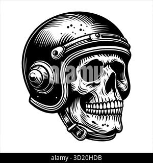 Teschio con casco Old Motorcycle illustrazione vettoriale in bianco e nero con stile biker vintage e grafica audace. Perfetto per il logo del club motociclistico Illustrazione Vettoriale