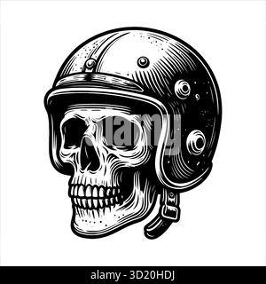 Teschio con casco Old Motorcycle illustrazione vettoriale in bianco e nero con stile biker vintage e grafica audace. Perfetto per il logo del club motociclistico Illustrazione Vettoriale