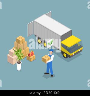 Illustrazione piatta isometrica 3D di Online Delivery Service, sistemi di tracciamento avanzati illustrazione piatta isometrica 3D di Online D. Foto Stock