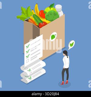 Illustrazione piatta isometrica 3D di mangiare sano a prezzi accessibili, bilancio della spesa 3D illustrazione piatta isometrica di salute a prezzi accessibili Foto Stock