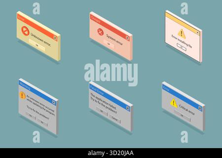 Set piatto isometrico 3D di messaggi di errore retro, ritorno all'interfaccia 90S. Una nostalgica esperienza utente retro.3D Isometrico F Foto Stock