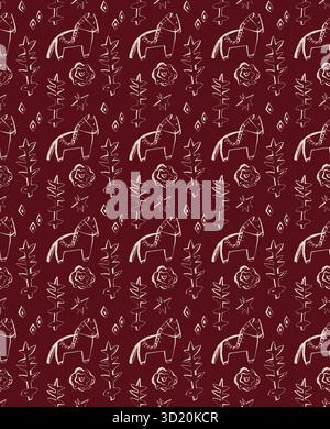 Motivo floreale scandinavo per cavalli senza cuciture con stelle e foglie su sfondo Bordeaux perfetto per progetti di design invernali folcloristici Illustrazione Vettoriale