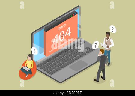 Illustrazione piatta isometrica 3D dell'errore 404 pagina, server non disponibile, problema di comunicazione del sito Web Foto Stock